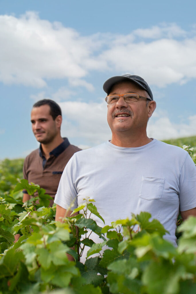 Laurent Godard et son fils Amaury dans une parcelle de vigne du domaine